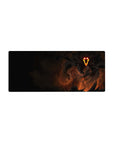 Streamlined fiery figure mouse pad 28x12 with glowing eyes and shadowy theme for sleek dark setups