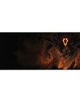 Shadowy figure desk pad 36x16 with glowing eyes and dark fiery aura for immersive eerie vibes