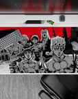 Striking 40x20 desk pad showcases Giorno and the Gang with rich black white and crimson contrasts for fans