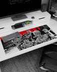 Crimson and black artwork on 36x16 desk mat captures Giorno Giovanna's determination in stunning detail