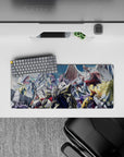 28x12 inches anime mouse pad in gold, black, white, and royal purple with a dramatic war mood.
