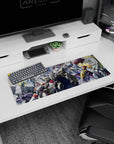 32x12 inches anime mouse pad showing towering mechs facing winged dragons, capes and angular armor clashing.