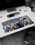 32x16 inches anime mouse pad showing towering mecha with capes facing dragon beasts in mid-battle.
