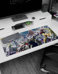 36x16 inches anime desk pad showing towering mecha facing dragon beasts amid lightning and smoke.