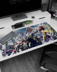 40x20 inches anime desk pad showing a caped mecha facing a dragon-like beast amid steel and wings.