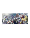 28x12 inches anime mouse pad with armored mecha and dragon beasts battling under a stormy sky.