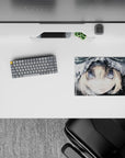 Cool monochrome anime girl mouse pad 14x10 inches in soft grays with snowy flecks and calm brave mood.