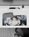 28x12 inches monochrome cool-toned anime mouse pad in soft grays with icy highlights and calm brave mood.