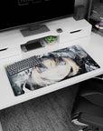 32x16 inches anime girl mouse pad showing a brave winter girl in a frosty hood as snow flecks drift.