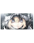 32x16 inches anime girl mouse pad with winter hood close-up, glossy violet-blue eyes, snowy texture art.