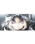Anime girl desk pad 36x16 inches with close-up winter portrait, frosty hood, and glossy violet-blue eyes.