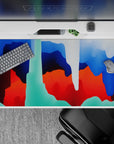 Dynamic 40x20 desk pad showcases fluid abstract patterns with energetic movement for a creative workspace vibe