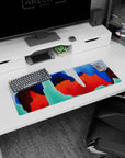 Small but impactful 32x12 desk mat showcases modern fluidity with striking color and motion artistry