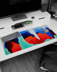 Modern artwork on 36x16 desk mat captures the essence of abstract energy with vivid colors and motion