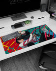 Artistic 36x16 inches mouse pad showcasing Yoru in chaotic form, with golden eyes and red tendrils for an action-packed, high-energy design.