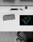 Anime mouse pad 14x10 inches with cyan glow triangle, orange and lime accents, high-contrast dramatic look.