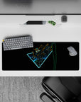 32x12 inches anime mouse pad in cyan glow with orange and lime accents, high-contrast futuristic vibe.
