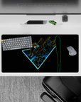 32x16 inches anime mouse pad with cyan glow triangle, orange and lime accents, dramatic neon sci-fi vibe.