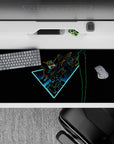 36x16 inches anime desk pad in cyan glow with orange and lime accents, dramatic high-speed vibe.