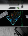40x20 inches anime desk pad with cyan glow, orange and lime accents, sleek dark space, dramatic vibe.