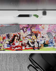 36x16 inches kawaii anime desk pad in pink and soft purple, playful spring magic vibe, smooth tracking.