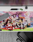 40x20 inches anime girl mouse pad in pink and soft purple, bright playful magic picnic under sakura.
