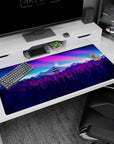 Adventure-inspired 40x20 anime desk mat with firewatch tower, twilight sky, and mountains, perfect for fans of scenic beauty and the great outdoors