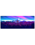 Firewatch tower 32x12 mouse pad with twilight sky bursting in pinks, purples, and blues over mountains, trees, and the firewatch tower