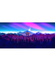 Firewatch tower 36x16 desk pad featuring a twilight sky bursting with pinks, purples, and blues over a mountainous wilderness landscape