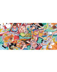 Desk pad featuring the Straw Hat Pirates from One Piece, 36x16 inches, in a playful scene with bubbles and cute animals, radiating joyful energy.