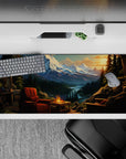 36x16 inches mouse pad with cozy cabin view, blending mountains, river valley, and sunset for a serene, wilderness getaway effect.