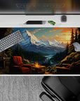 40x20 inches mouse pad with cozy cabin view, showcasing mountains, river valley, and sunset for a peaceful wilderness effect.