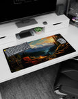 Modern 32x16 inches mouse pad featuring cozy cabin view, mountains, river valley, and sunset for a tranquil nature-inspired effect.
