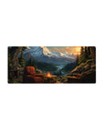 Mouse pad featuring cozy cabin view, 28x12 inches, with majestic mountains, river valley, and sunset for a serene retreat vibe.