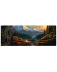 Compact 32x12 inches mouse pad with cozy cabin view, featuring mountains, river valley, and sunset for a calming desk effect.