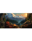 Mouse pad featuring cozy cabin view, 36x16 inches, with majestic mountains, river valley, and sunset for a peaceful retreat vibe.