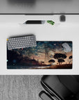 Anime desk pad 28x12 inches in soft blue, peach, and gold, with a calm, cinematic summer mood.