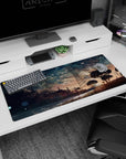 36x16 inches anime desk pad showing a girl on a grassy hill above water and dark brush at dusk.