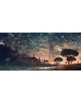Anime desk pad 36x16 inches with lone girl by reflective water, power lines, and sunset sky.