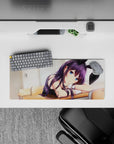 28x12 inches pastel anime mouse pad in dreamy soft light, cozy desk vibe with violet hair and blue eyes.