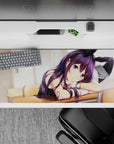 Pastel cozy 36x16 inches anime desk pad in soft light, warm wood desk tones, dreamy cute vibes.