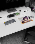 Anime bunny girl leaning on wooden desk mouse pad 14x10 inches, tall ears, white cuffs, blue eyes.