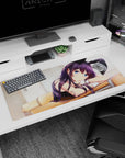 36x16 inches anime girl mouse pad showing bunny-eared violet-haired girl leaning on a wooden desk.