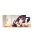 28x12 inches anime girl mouse pad with violet-haired bunny-eared cutie, glossy black outfit, blue eyes.