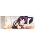 32x12 inches anime girl mouse pad with violet-haired bunny-eared cutie, blue eyes, glossy black outfit.