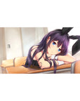 40x20 inches anime girl desk pad with violet-haired bunny-eared cutie on a wooden desk, blue eyes.