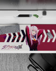 36x16 inches desk pad with Zero Two from Darling in the Franxx, exuding fierce energy and dynamic flair in vibrant colors.
