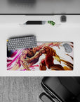28x12 inches anime mouse pad in neon pink and warm gold, high-impact rage scene with inked muscle lines.
