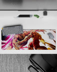 32x12 inches anime mouse pad in neon pink and warm gold, high-impact rage vibe with sharp inked lines.