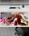 32x16 inches anime mouse pad in neon pink and warm gold, explosive rage vibe with spark-like streaks.